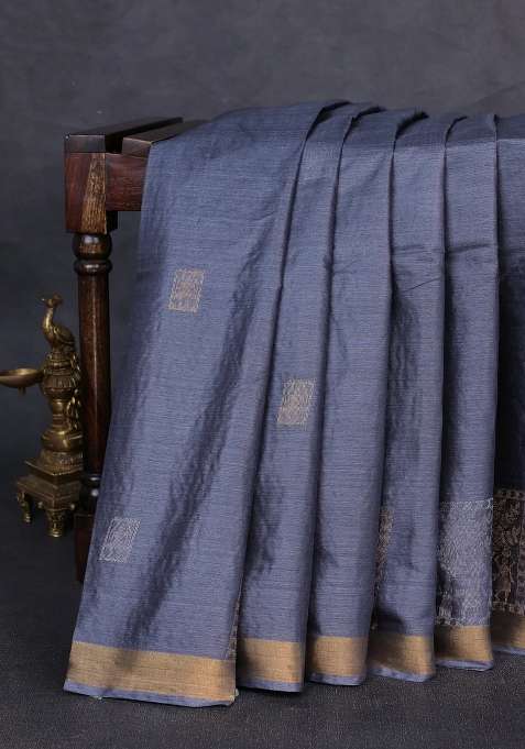 Banana Silk Saree Dark Grey With Silver Gold Zari Woven Buttas And Zari Woven Border With Buttas And Brocade Design For Women