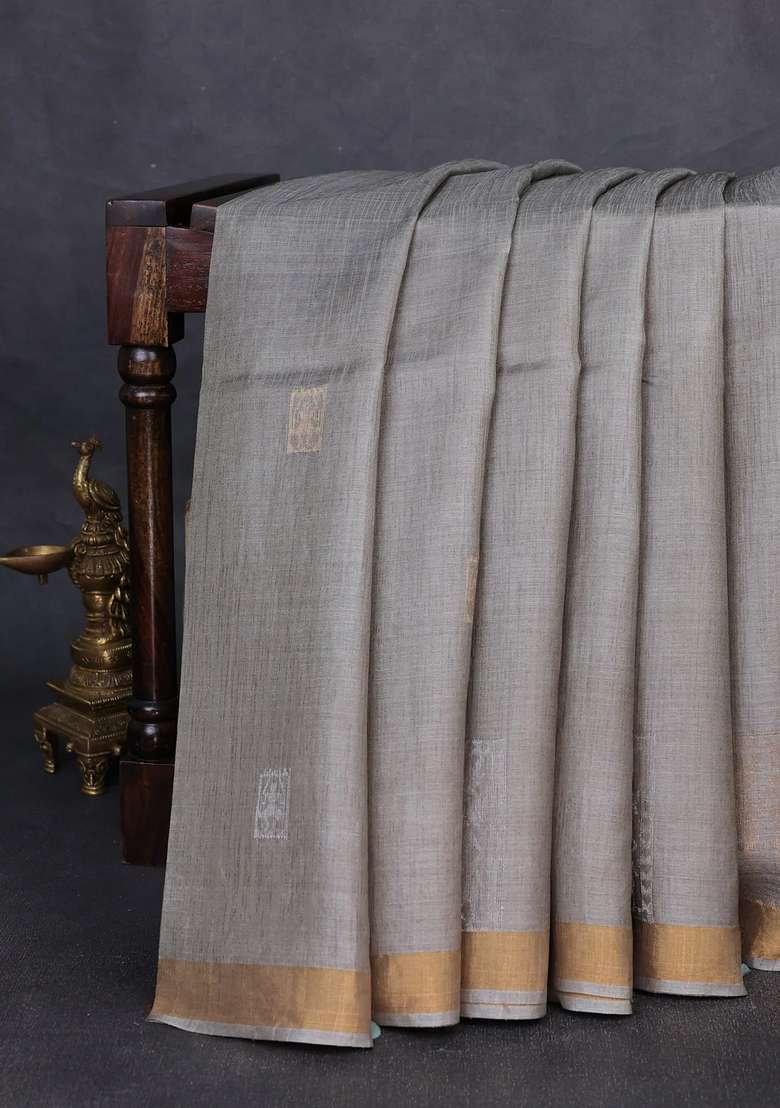 Banana Silk Saree Grey With Silver Gold Zari Woven Buttas And Zari Woven Border With Buttas And Brocade Design For Women - Indya