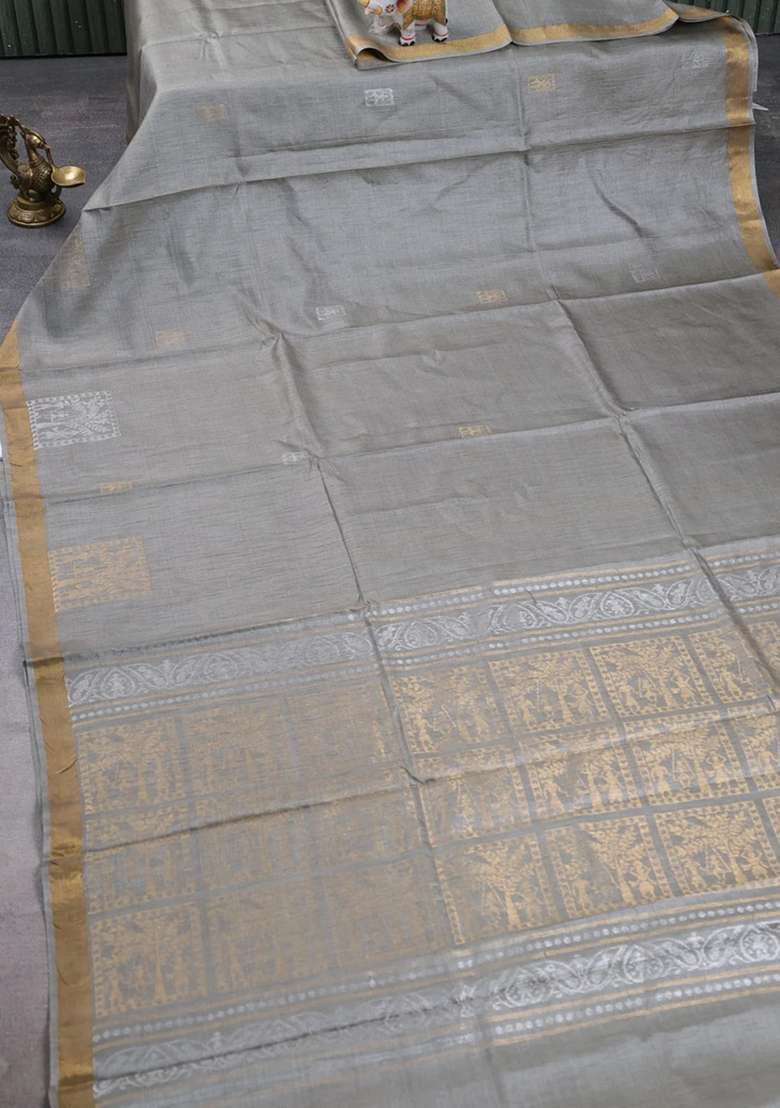 Banana Silk Saree Grey With Silver Gold Zari Woven Buttas And Zari Woven Border With Buttas And Brocade Design For Women - Indya