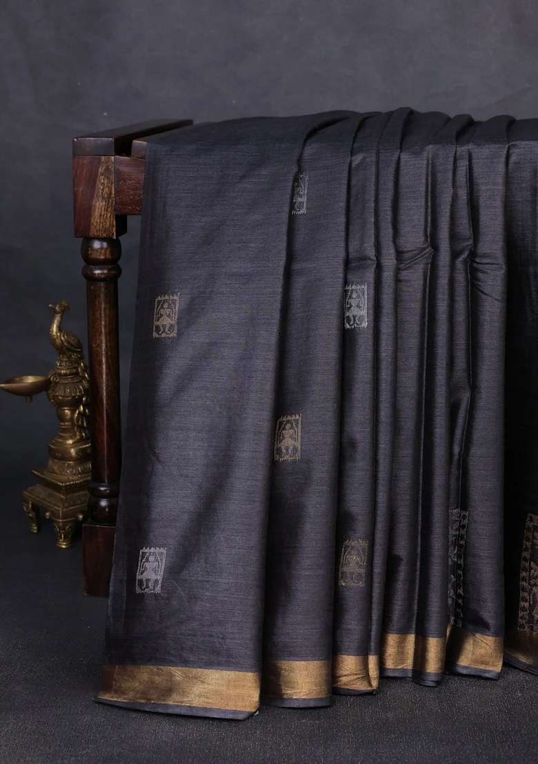 Banana Silk Saree Black With Silver Gold Zari Woven Buttas And Zari Woven Border With Buttas And Brocade Design For Women - Indya