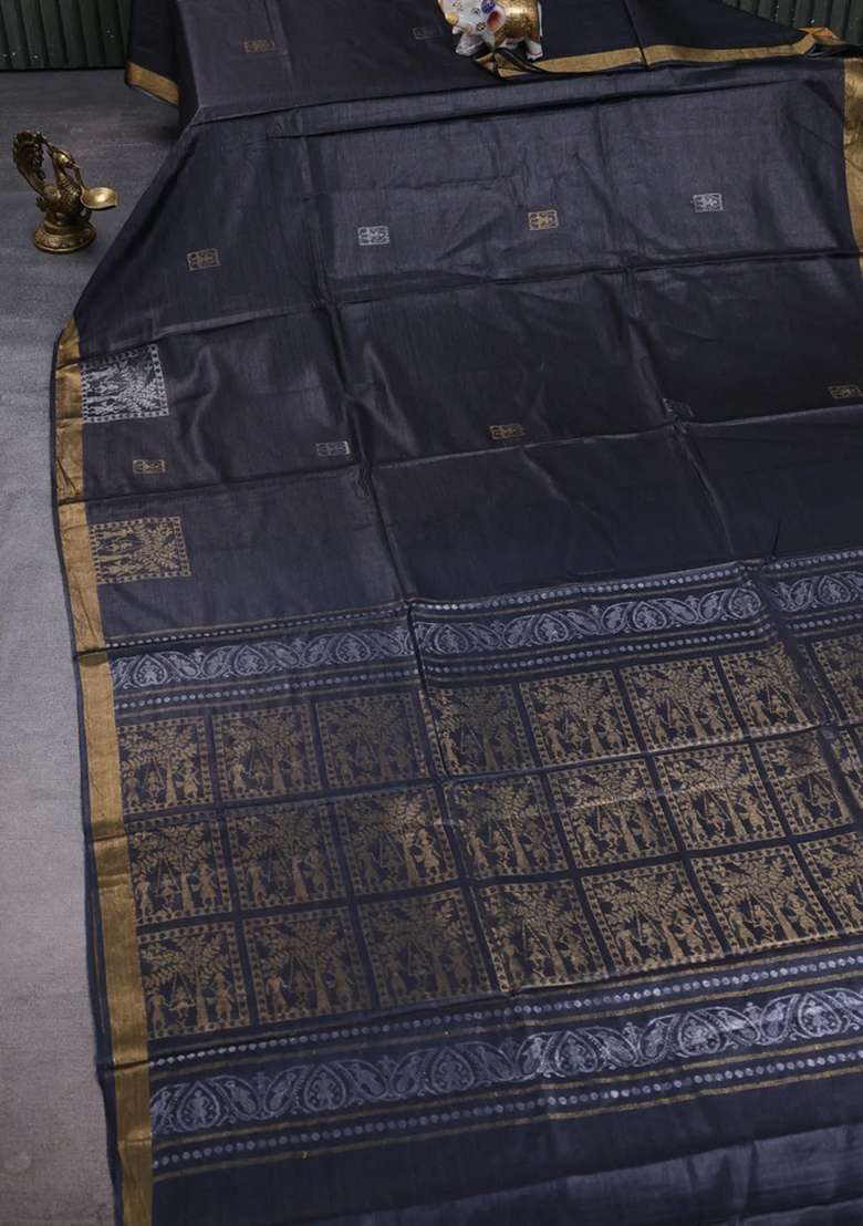 Banana Silk Saree Black With Silver Gold Zari Woven Buttas And Zari Woven Border With Buttas And Brocade Design For Women - Indya