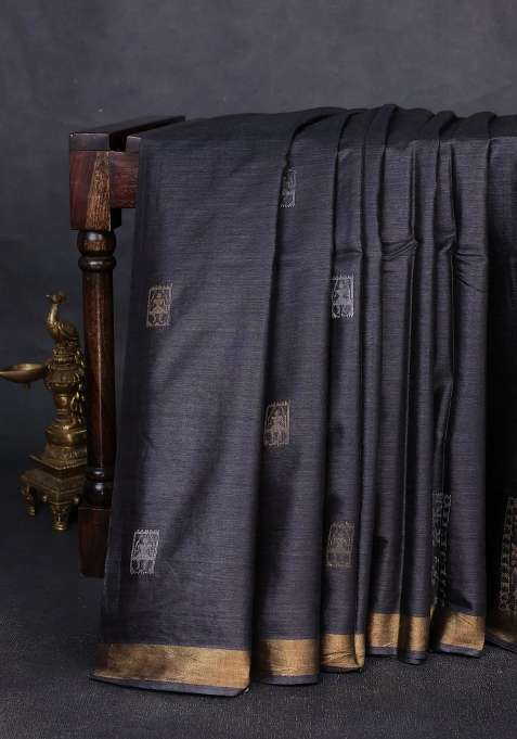 Banana Silk Saree Black With Silver Gold Zari Woven Buttas And Zari Woven Border With Buttas And Brocade Design For Women