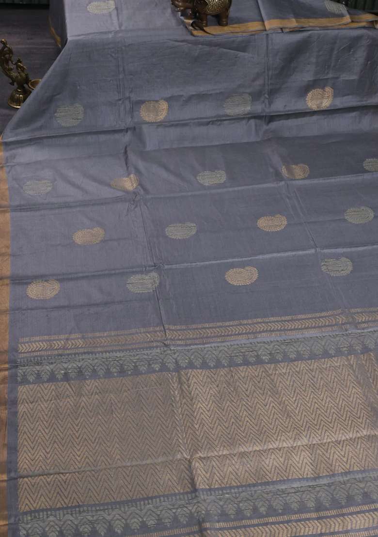 Banana Silk Saree Grey With Thread Zari Woven Paisley Buttas And Zari Woven Border With Buttas And Brocade Design For Women - Indya