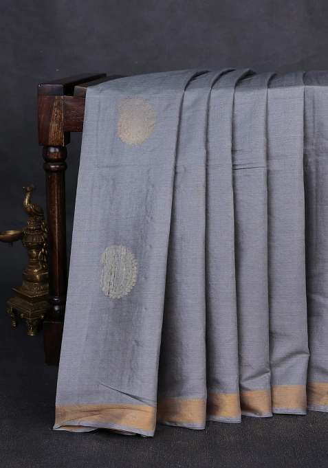 Banana Silk Saree Grey With Thread Zari Woven Paisley Buttas And Zari Woven Border With Buttas And Brocade Design For Women