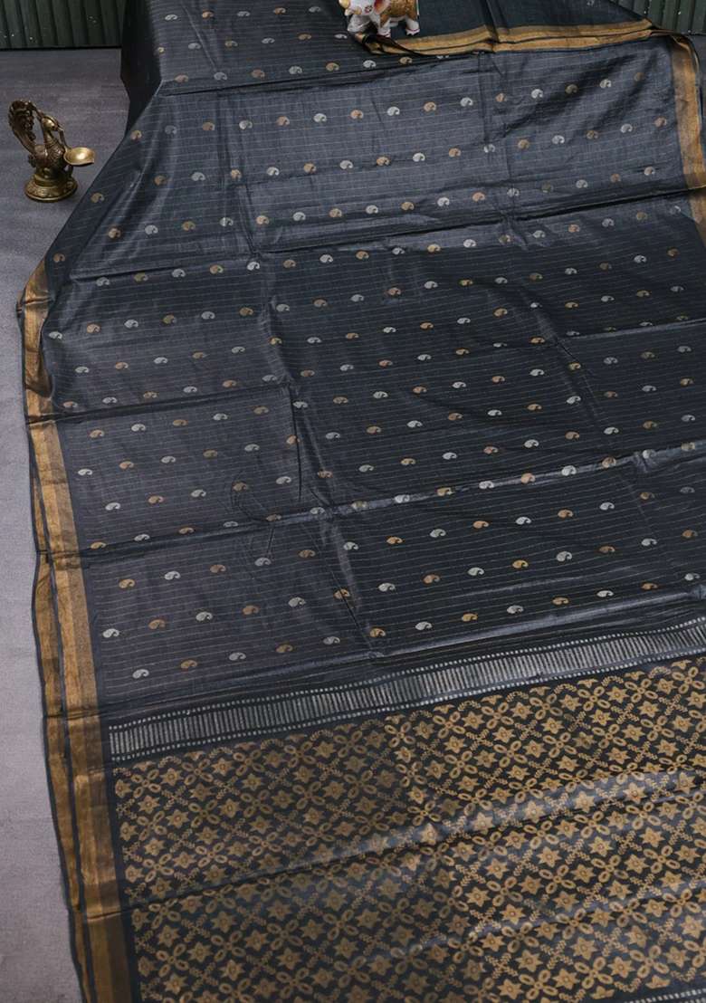 Banana Silk Saree Elephant Grey With Allover Silver Gold Zari Weaves And Zari Woven Border With Traditional Woven Design For Women - Indya