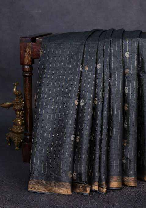 Banana Silk Saree Elephant Grey With Allover Silver Gold Zari Weaves And Zari Woven Border With Traditional Woven Design For Women