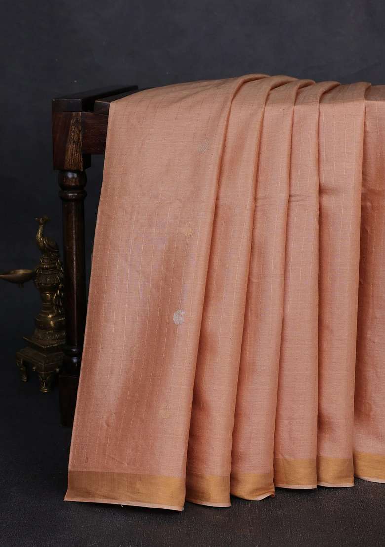 Banana Silk Saree Sandal With Allover Silver Gold Zari Weaves And Zari Woven Border With Traditional Woven Design For Women - Indya