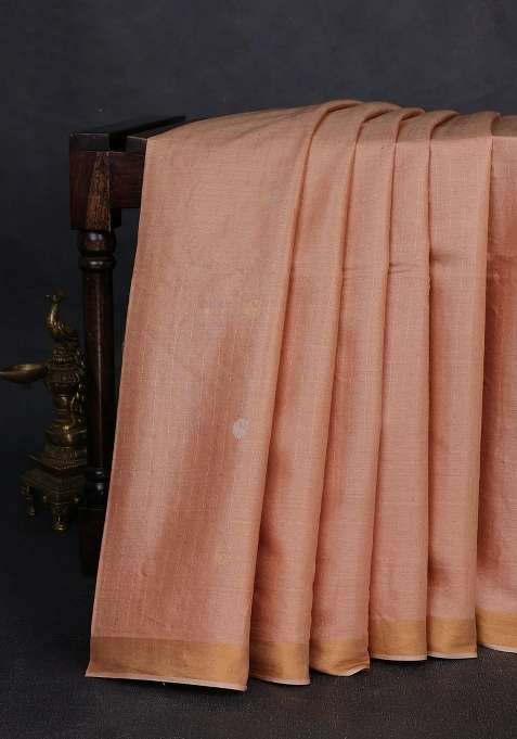 Banana Silk Saree Sandal With Allover Silver Gold Zari Weaves And Zari Woven Border With Traditional Woven Design For Women