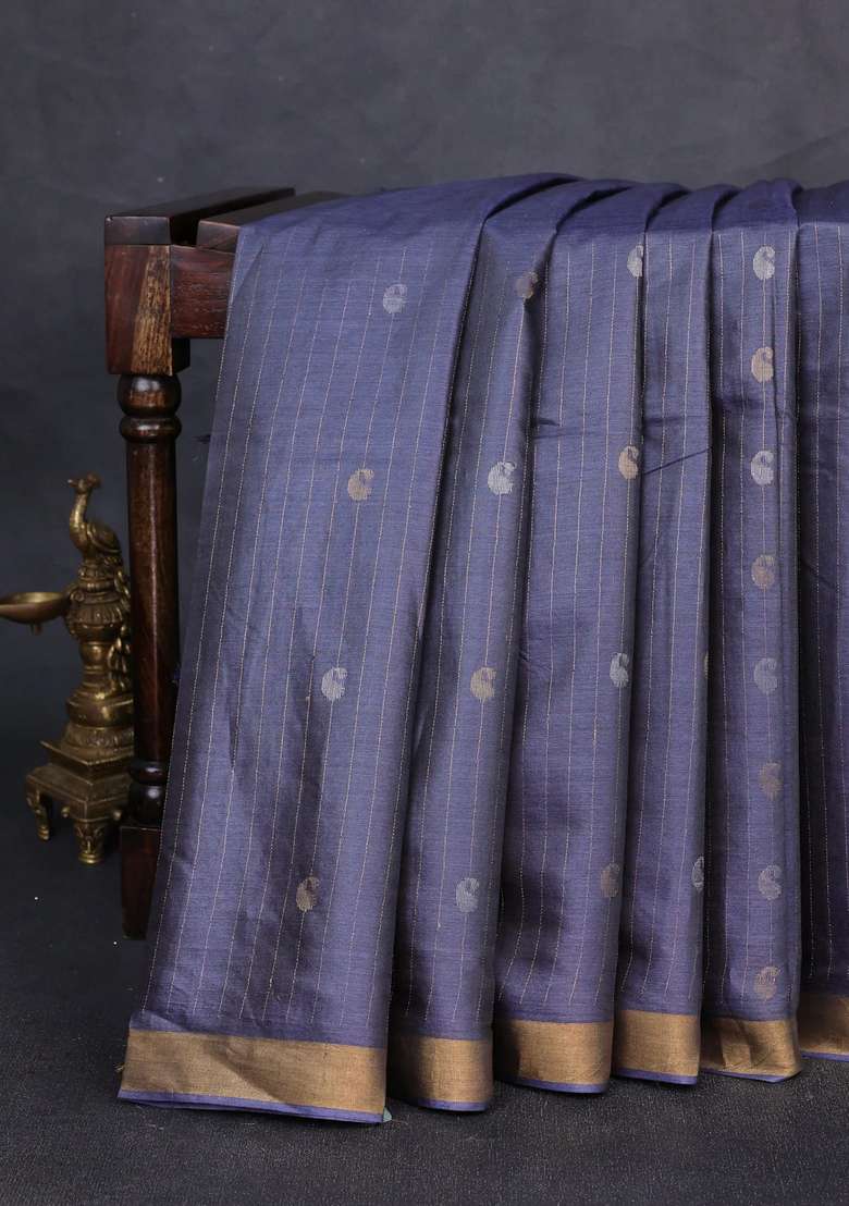 Banana Silk Saree Bluish Grey With Allover Silver Gold Zari Weaves And Zari Woven Border With Traditional Woven Design For Women - Indya