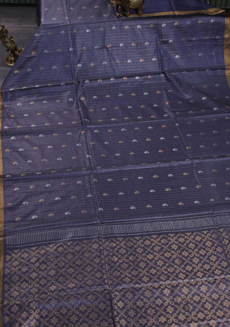 Banana Silk Saree Bluish Grey With Allover Silver Gold Zari Weaves And Zari Woven Border With Traditional Woven Design For Women - Indya