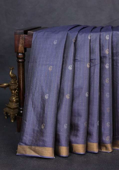 Banana Silk Saree Bluish Grey With Allover Silver Gold Zari Weaves And Zari Woven Border With Traditional Woven Design For Women