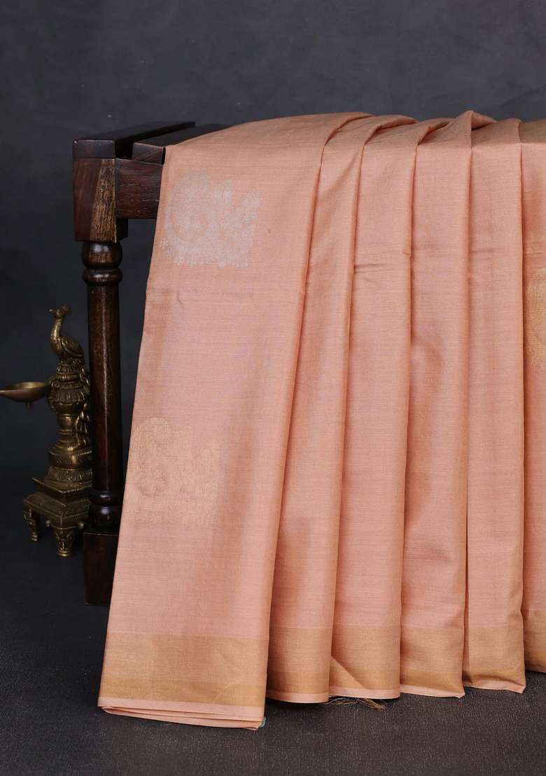 Banana Silk Saree Sandal With Silver Gold Zari Woven Paisley Buttas And Zari Woven Border With Buttas And Brocade Design For Women - Indya