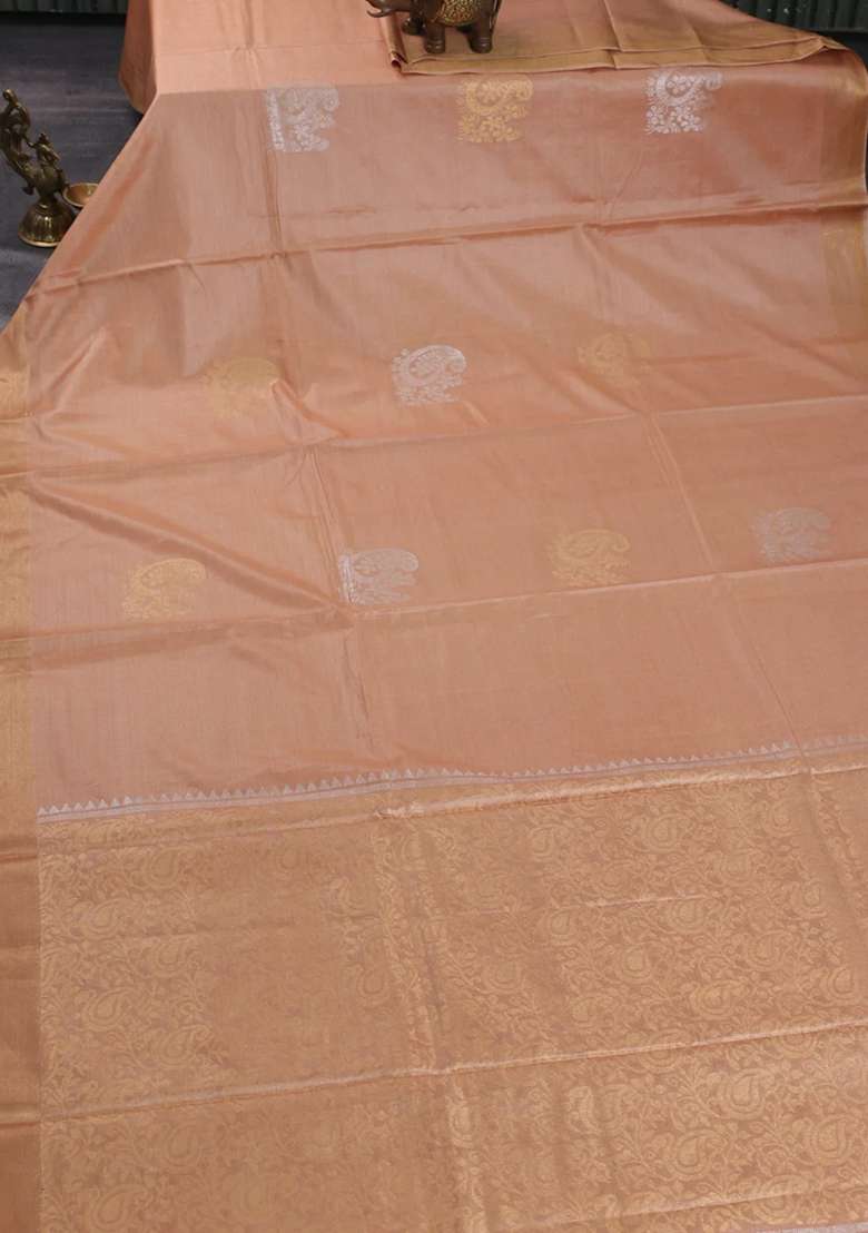 Banana Silk Saree Sandal With Silver Gold Zari Woven Paisley Buttas And Zari Woven Border With Buttas And Brocade Design For Women - Indya