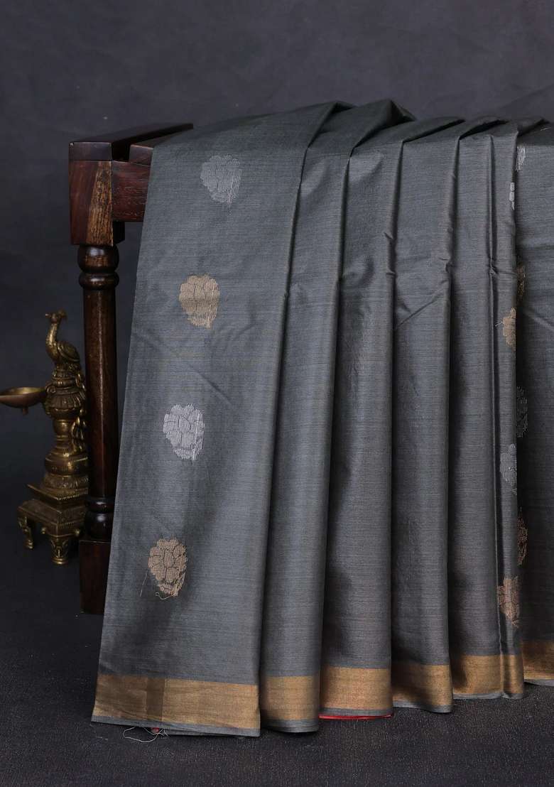 Banana Silk Saree Grey And Orange With Silver Gold Zari Woven Buttas And Zari Woven Border With Buttas And Brocade Design For Women - Indya