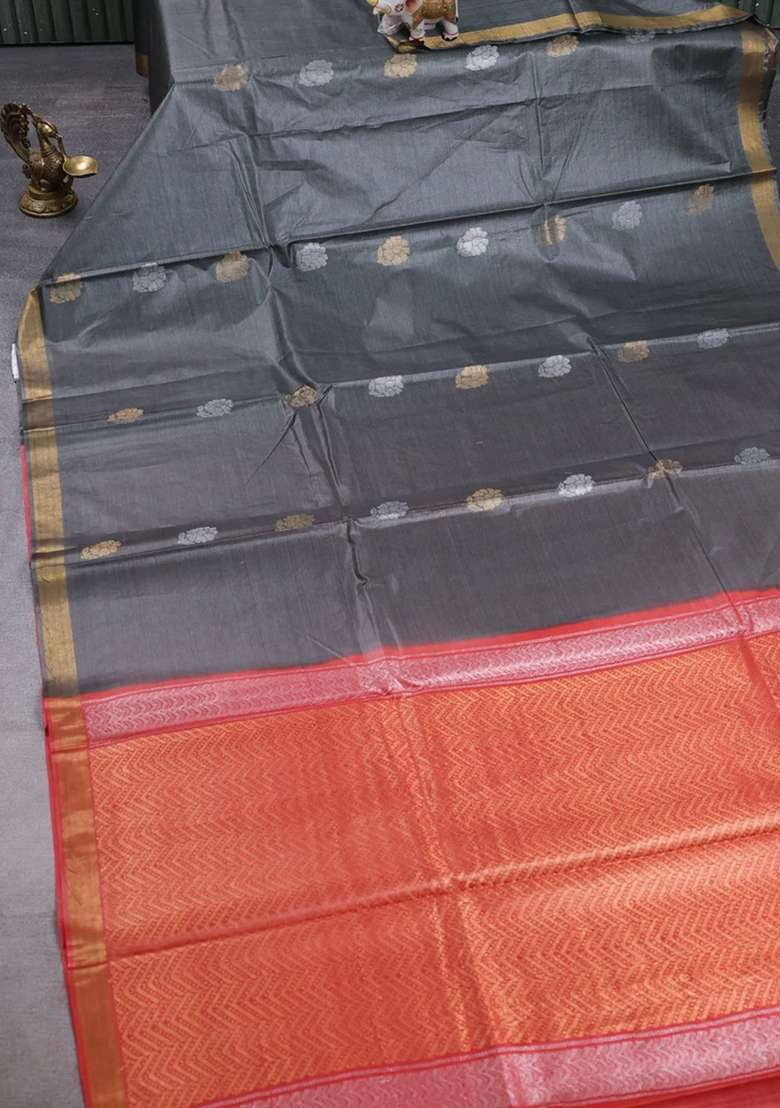 Banana Silk Saree Grey And Orange With Silver Gold Zari Woven Buttas And Zari Woven Border With Buttas And Brocade Design For Women - Indya