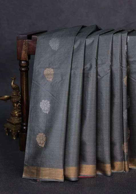 Banana Silk Saree Grey And Orange With Silver Gold Zari Woven Buttas And Zari Woven Border With Buttas And Brocade Design For Women