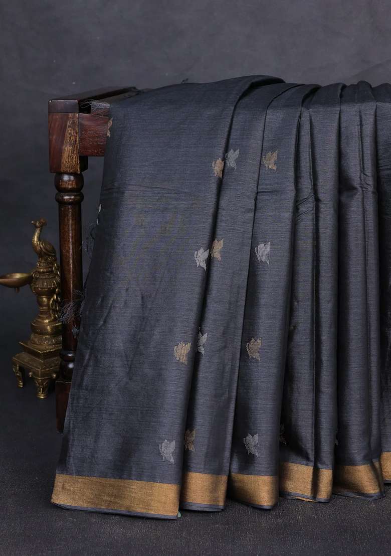 Banana Silk Saree Elephant Grey With Allover Silver Zari Woven Buttas And Zari Woven Border With Buttas And Brocade Design For Women - Indya