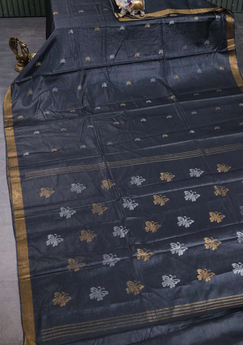 Banana Silk Saree Elephant Grey With Allover Silver Zari Woven Buttas And Zari Woven Border With Buttas And Brocade Design For Women - Indya