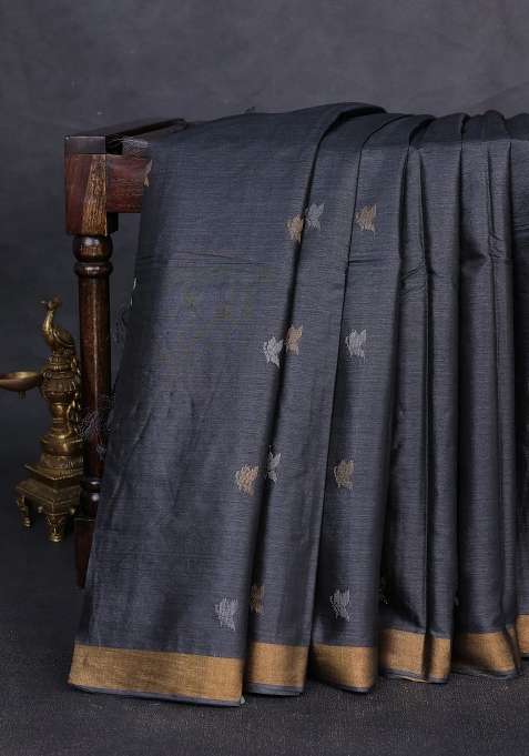 Banana Silk Saree Elephant Grey With Allover Silver Zari Woven Buttas And Zari Woven Border With Buttas And Brocade Design For Women