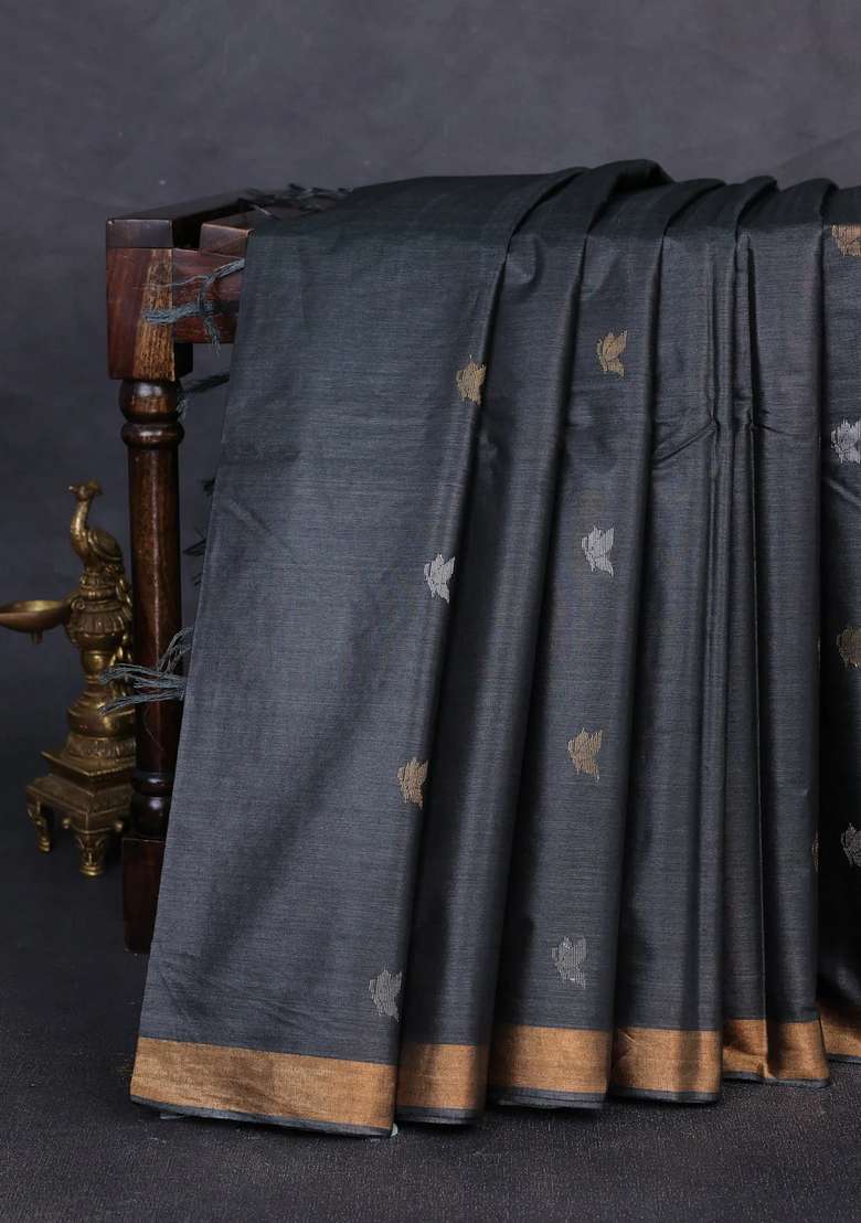 Banana Silk Saree Black With Allover Silver Zari Woven Buttas And Zari Woven Border With Buttas And Brocade Design For Women - Indya