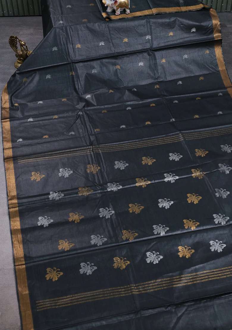 Banana Silk Saree Black With Allover Silver Zari Woven Buttas And Zari Woven Border With Buttas And Brocade Design For Women - Indya