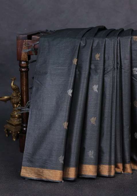 Banana Silk Saree Black With Allover Silver Zari Woven Buttas And Zari Woven Border With Buttas And Brocade Design For Women