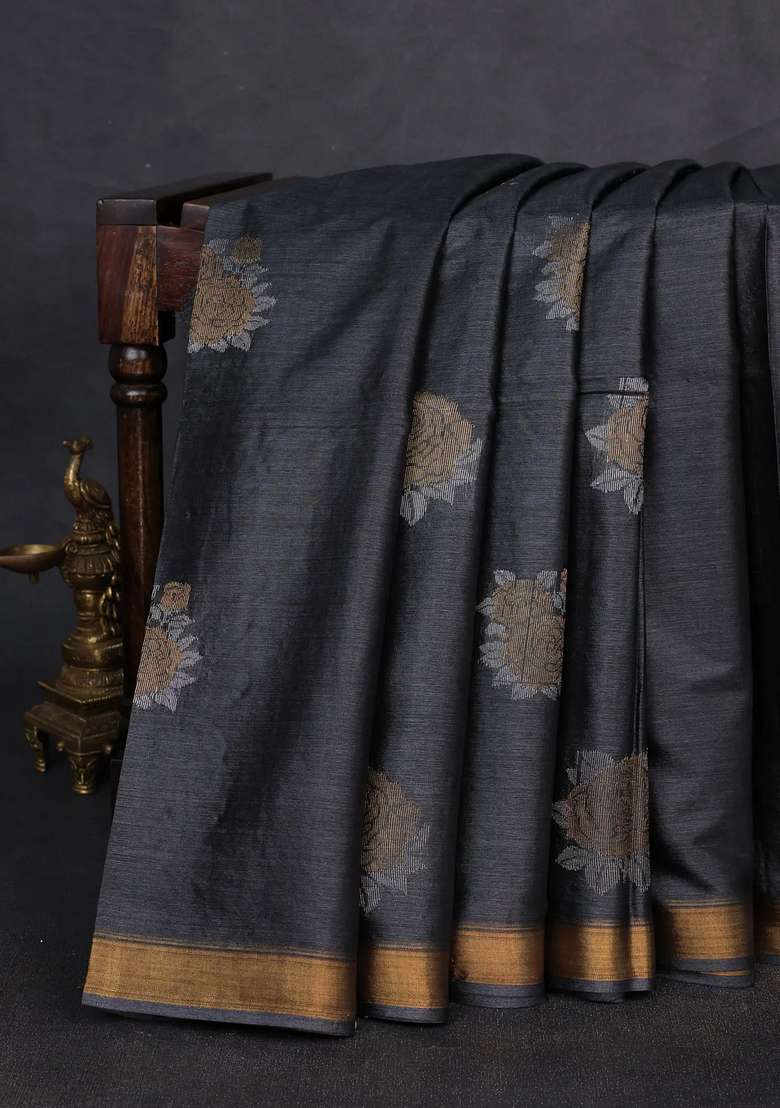Banana Silk Saree Elephant Grey With Zari Woven Buttas And Zari Woven Border With Buttas And Brocade Design For Women - Indya