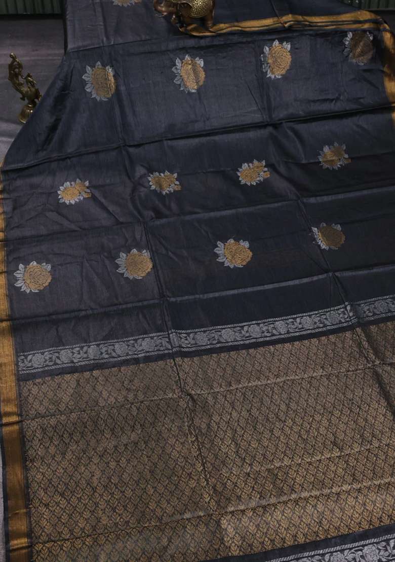 Banana Silk Saree Elephant Grey With Zari Woven Buttas And Zari Woven Border With Buttas And Brocade Design For Women - Indya