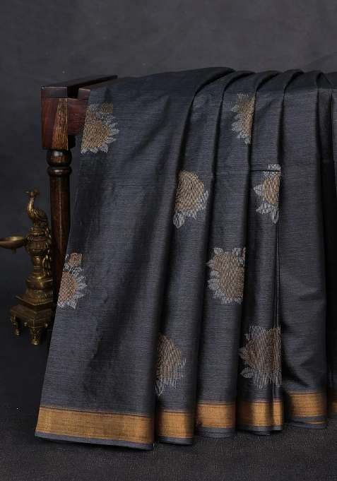 Banana Silk Saree Elephant Grey With Zari Woven Buttas And Zari Woven Border With Buttas And Brocade Design For Women