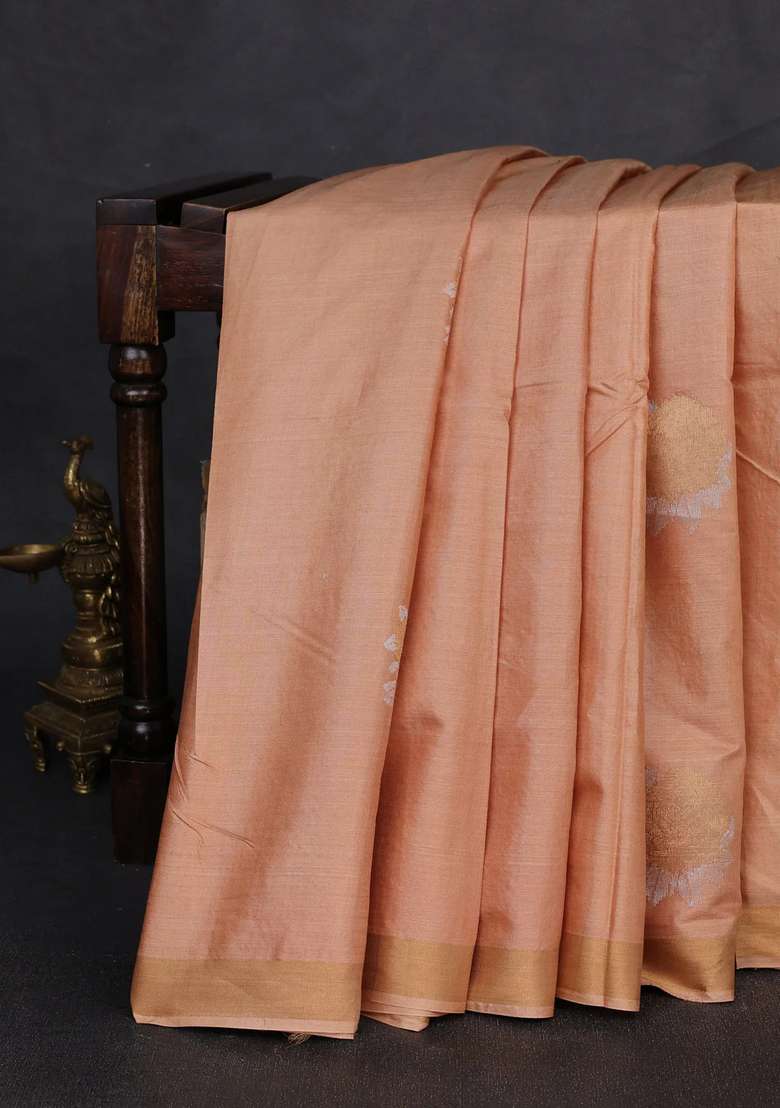 Banana Silk Saree Sandal With Zari Woven Buttas And Zari Woven Border With Buttas And Brocade Design For Women - Indya