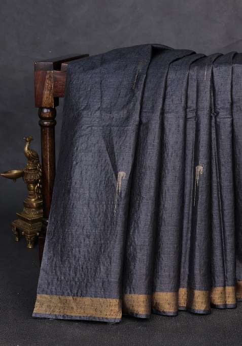 Banana Silk Saree Dark Grey With Zari Woven Muniya Buttas And Zari Woven Border With Buttas And Brocade Design For Women