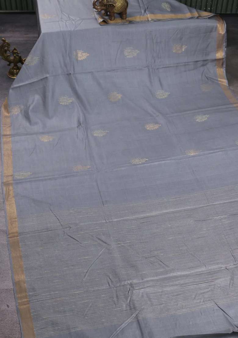 Banana Silk Saree Grey With Thread Zari Woven Buttas And Zari Woven Border With Buttas And Brocade Design For Women - Indya