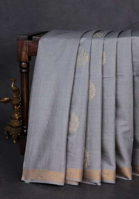 Banana Silk Saree Grey With Thread Zari Woven Buttas And Zari Woven Border With Buttas And Brocade Design For Women