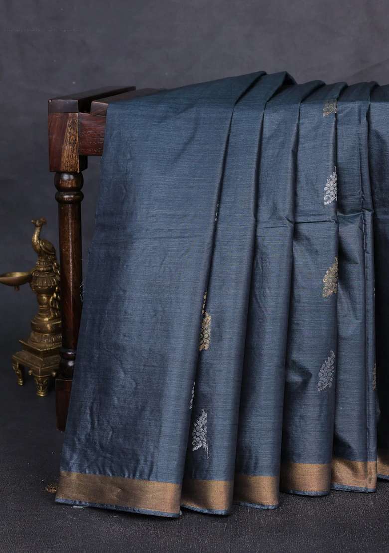 Banana Silk Saree Elephant Grey With Allover Silver Gold Zari Woven Buttas And Zari Woven Border With Buttas And Brocade Design For Women - Indya