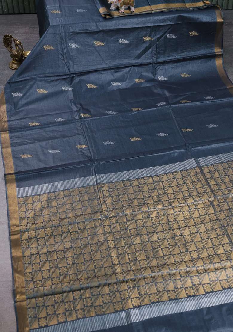 Banana Silk Saree Elephant Grey With Allover Silver Gold Zari Woven Buttas And Zari Woven Border With Buttas And Brocade Design For Women - Indya