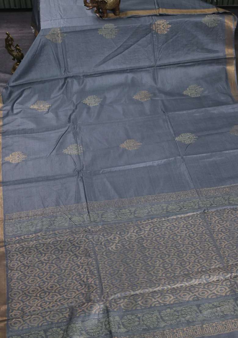 Banana Silk Saree Grey With Thread Zari Woven Buttas And Zari Woven Border With Buttas And Brocade Design For Women - Indya