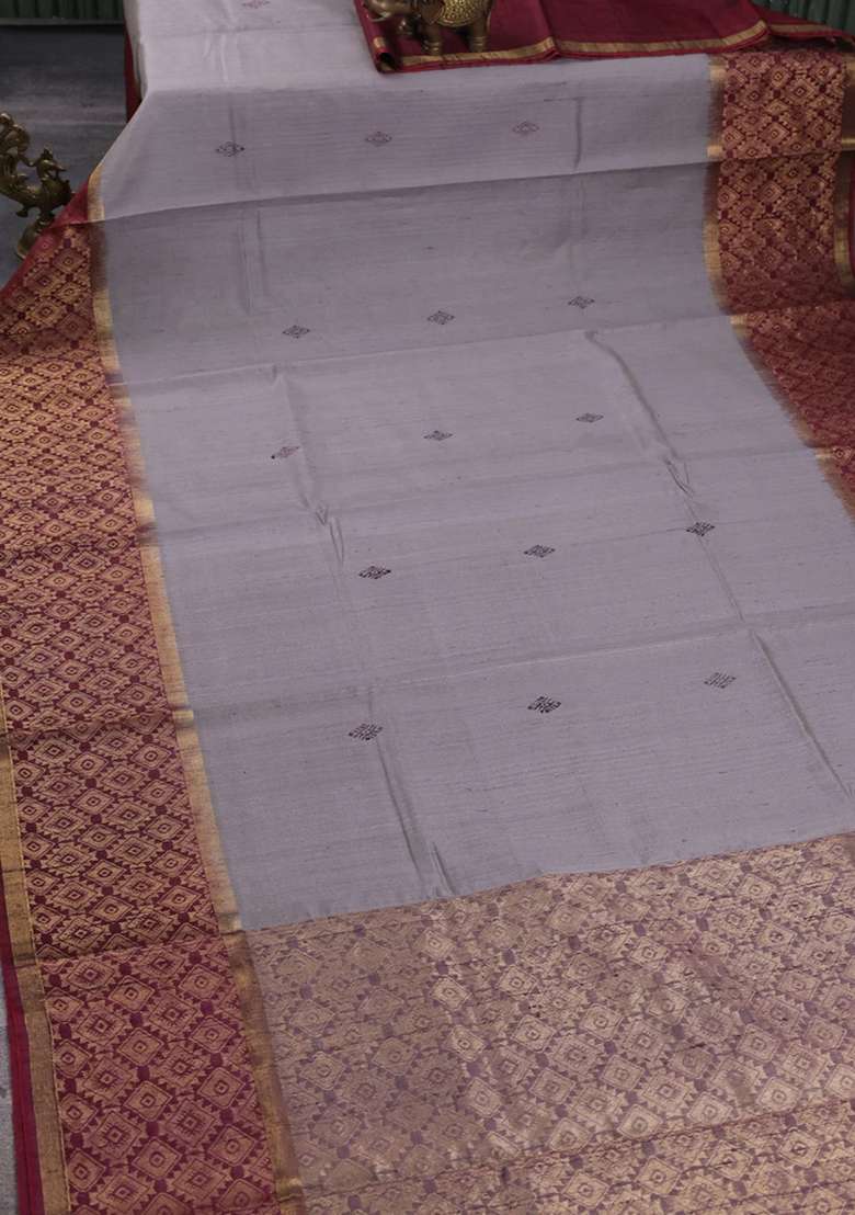Pure Dupion Silk Saree Grey And Deep Maroon With Thread Woven Buttas And Long Zari Woven Border With Buttas And Brocade Design For Women - Indya
