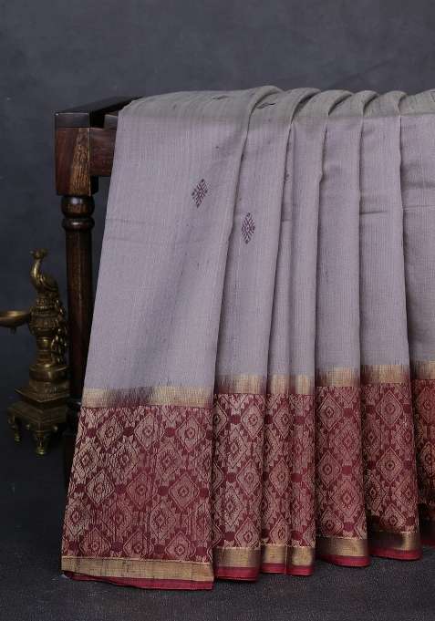 Pure Dupion Silk Saree Grey And Deep Maroon With Thread Woven Buttas And Long Zari Woven Border With Buttas And Brocade Design For Women