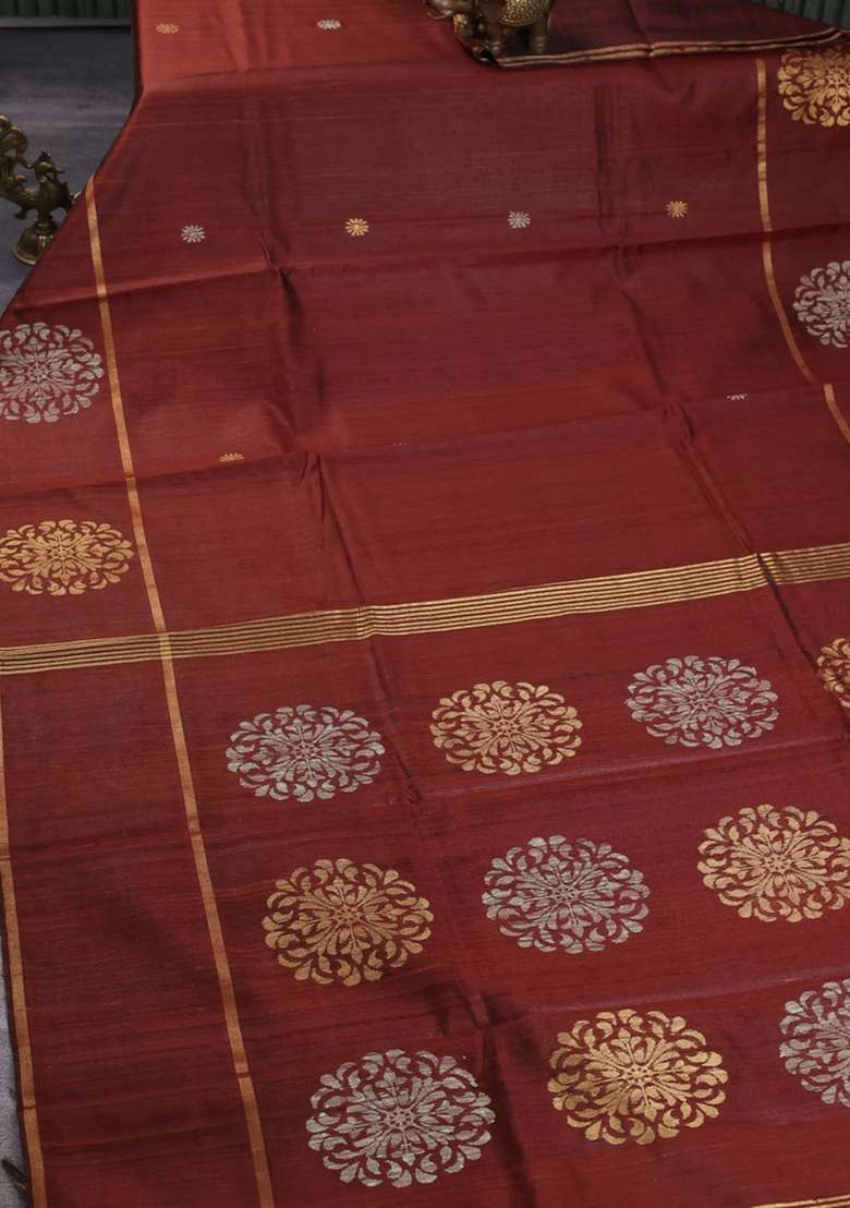 Pure Dupion Silk Saree Brown With Thread Zari Woven Buttas And Woven Butta Border With Buttas And Brocade Design For Women - Indya