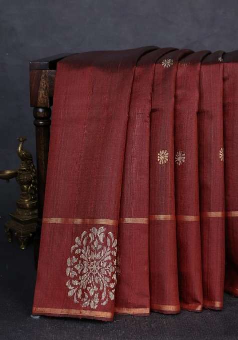 Pure Dupion Silk Saree Brown With Thread Zari Woven Buttas And Woven Butta Border With Buttas And Brocade Design For Women