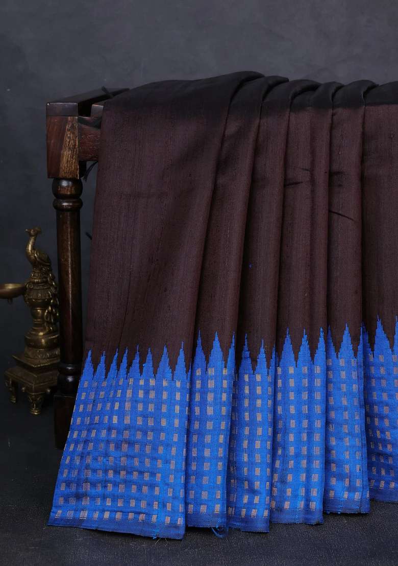 Pure Dupion Silk Saree Deep Coffee Brown And Cs Blue With Plain Body And Temple Design Zari Woven With Korvai And Temple Border Design For Women - Indya