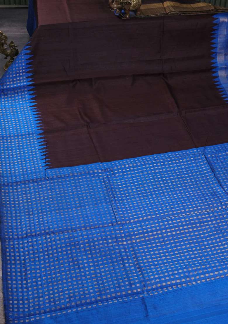 Pure Dupion Silk Saree Deep Coffee Brown And Cs Blue With Plain Body And Temple Design Zari Woven With Korvai And Temple Border Design For Women - Indya
