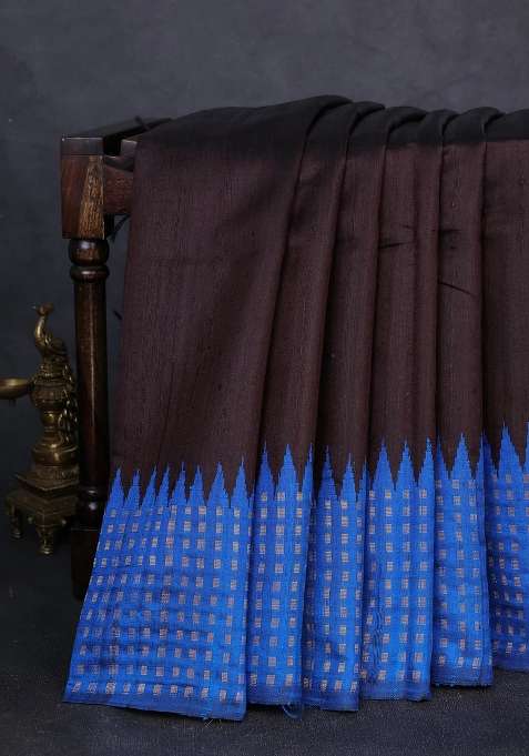 Pure Dupion Silk Saree Deep Coffee Brown And Cs Blue With Plain Body And Temple Design Zari Woven With Korvai And Temple Border Design For Women