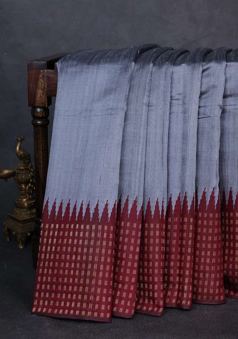 Pure Dupion Silk Saree Grey And Deep Maroon With Plain Body And Temple Design Zari Woven Border With Korvai And Temple Border Design For Women - Indya