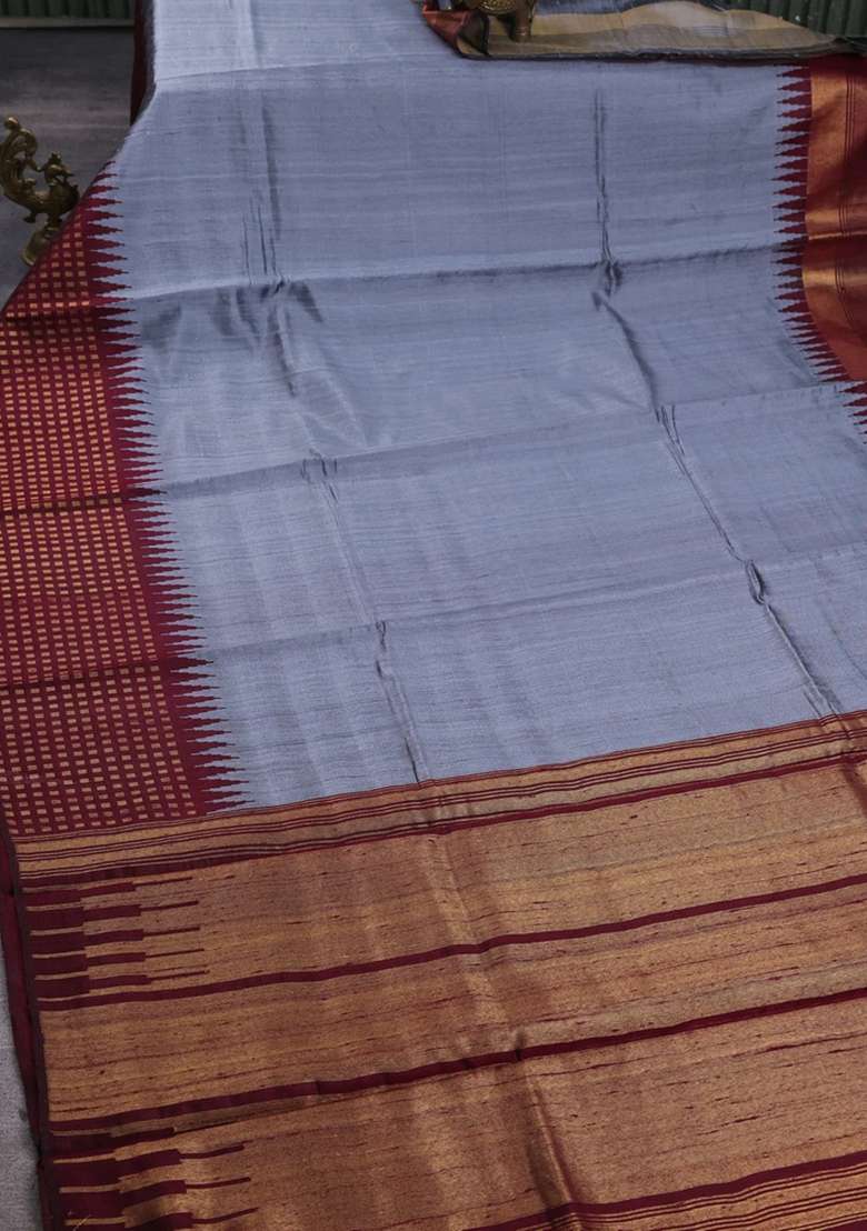 Pure Dupion Silk Saree Grey And Deep Maroon With Plain Body And Temple Design Zari Woven Border With Korvai And Temple Border Design For Women - Indya