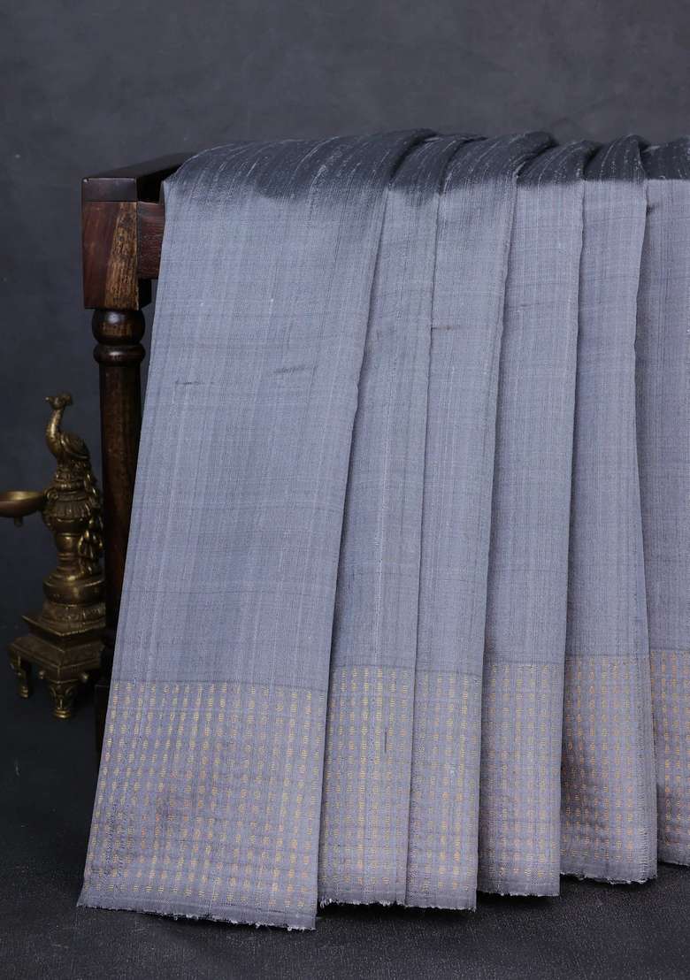 Pure Dupion Silk Saree Grey With Plain Body And Zari Woven Butta Border With Buttas And Brocade Design For Women - Indya