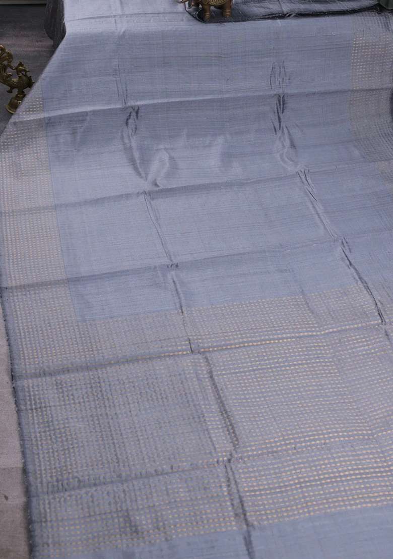 Pure Dupion Silk Saree Grey With Plain Body And Zari Woven Butta Border With Buttas And Brocade Design For Women - Indya