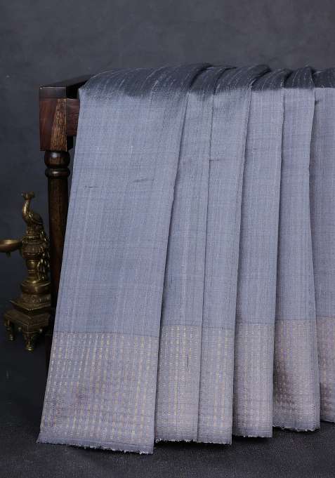 Pure Dupion Silk Saree Grey With Plain Body And Zari Woven Butta Border With Buttas And Brocade Design For Women