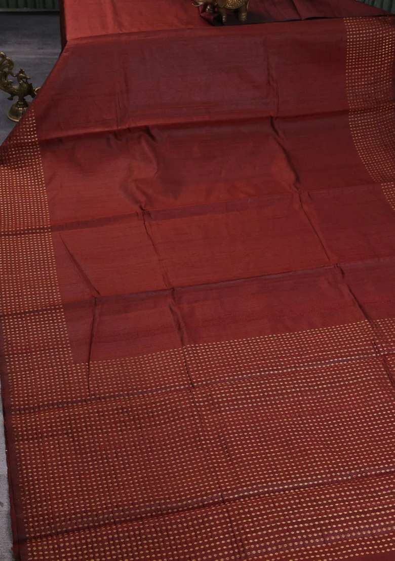 Pure Dupion Silk Saree Brown With Plain Body And Zari Woven Butta Border With Buttas And Brocade Design For Women - Indya