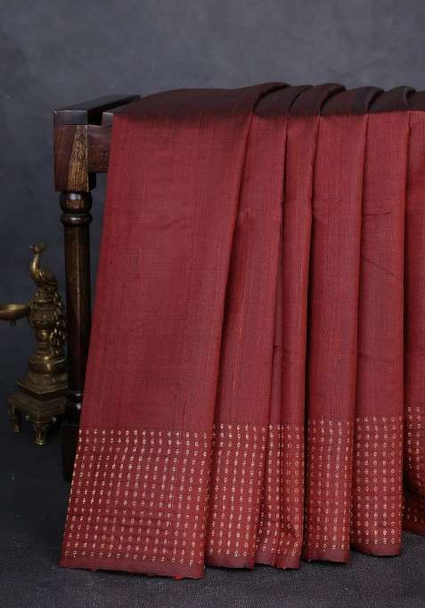 Pure Dupion Silk Saree Brown With Plain Body And Zari Woven Butta Border With Buttas And Brocade Design For Women